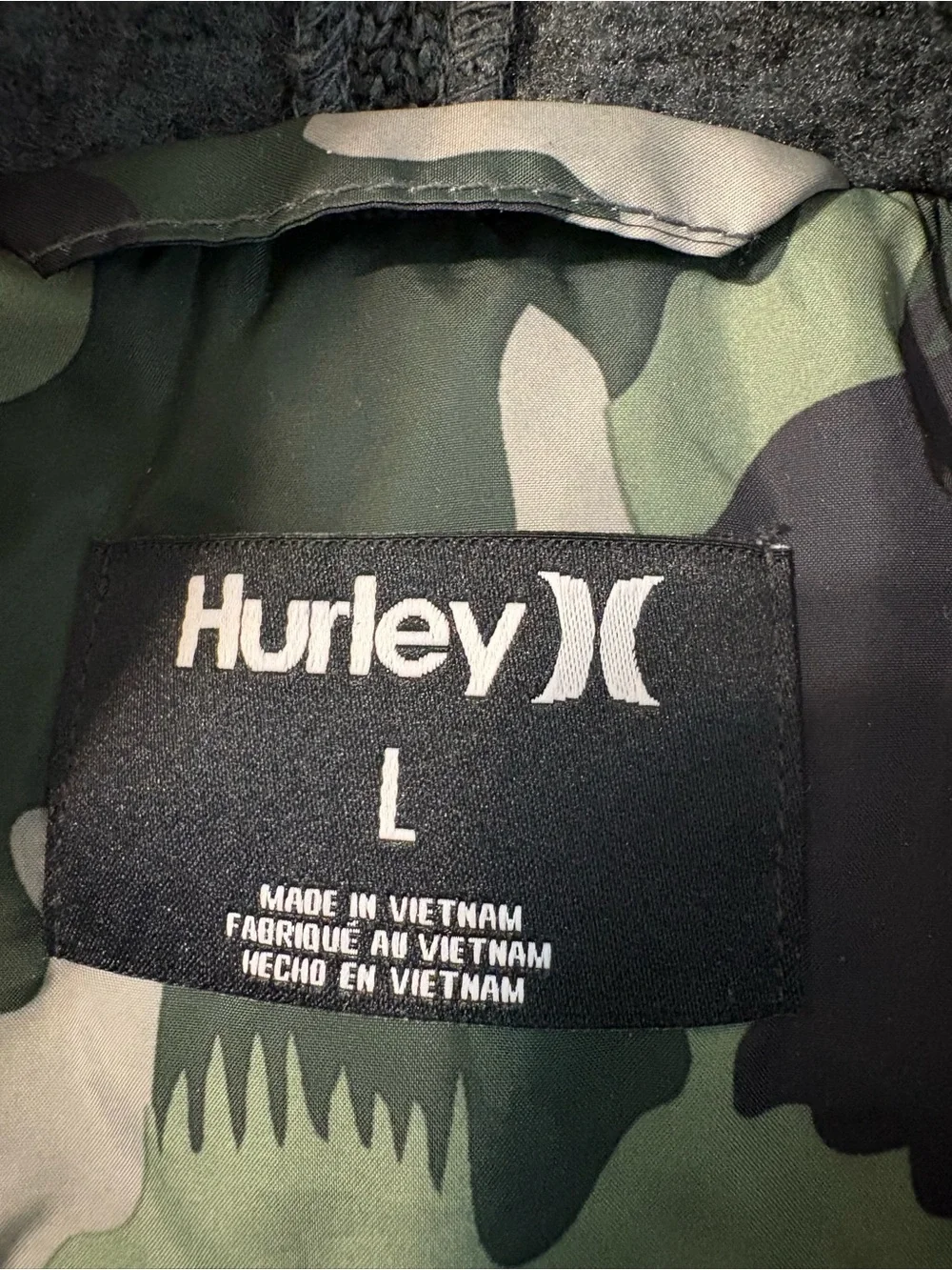 Hurley Boys' large 2fer Puffer jacket green camouflage gray hood sleeves Quilted